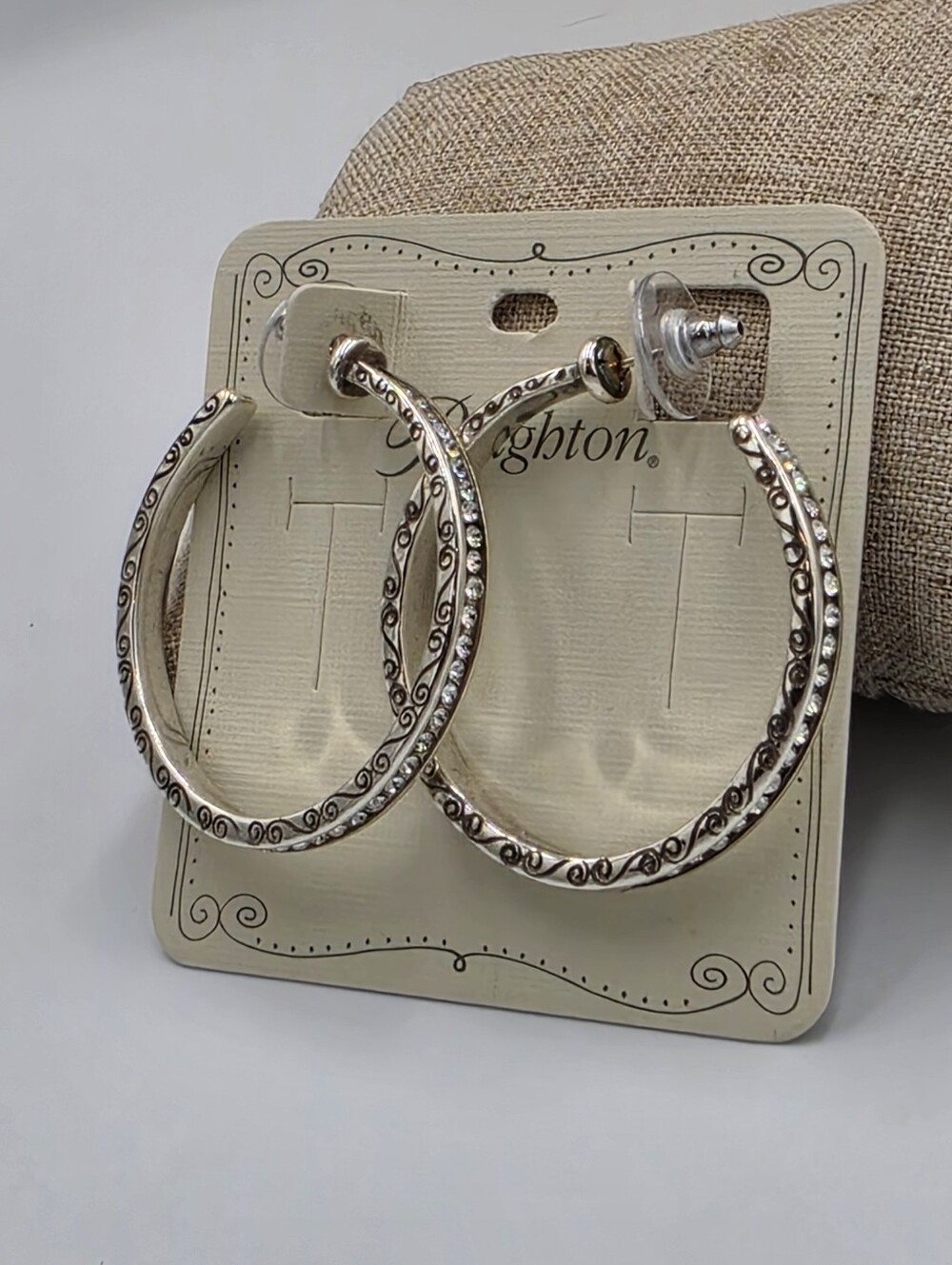 Brighton Secret of Love Hoop Post Earrings Swarovski Pavé Crystals Silver New
